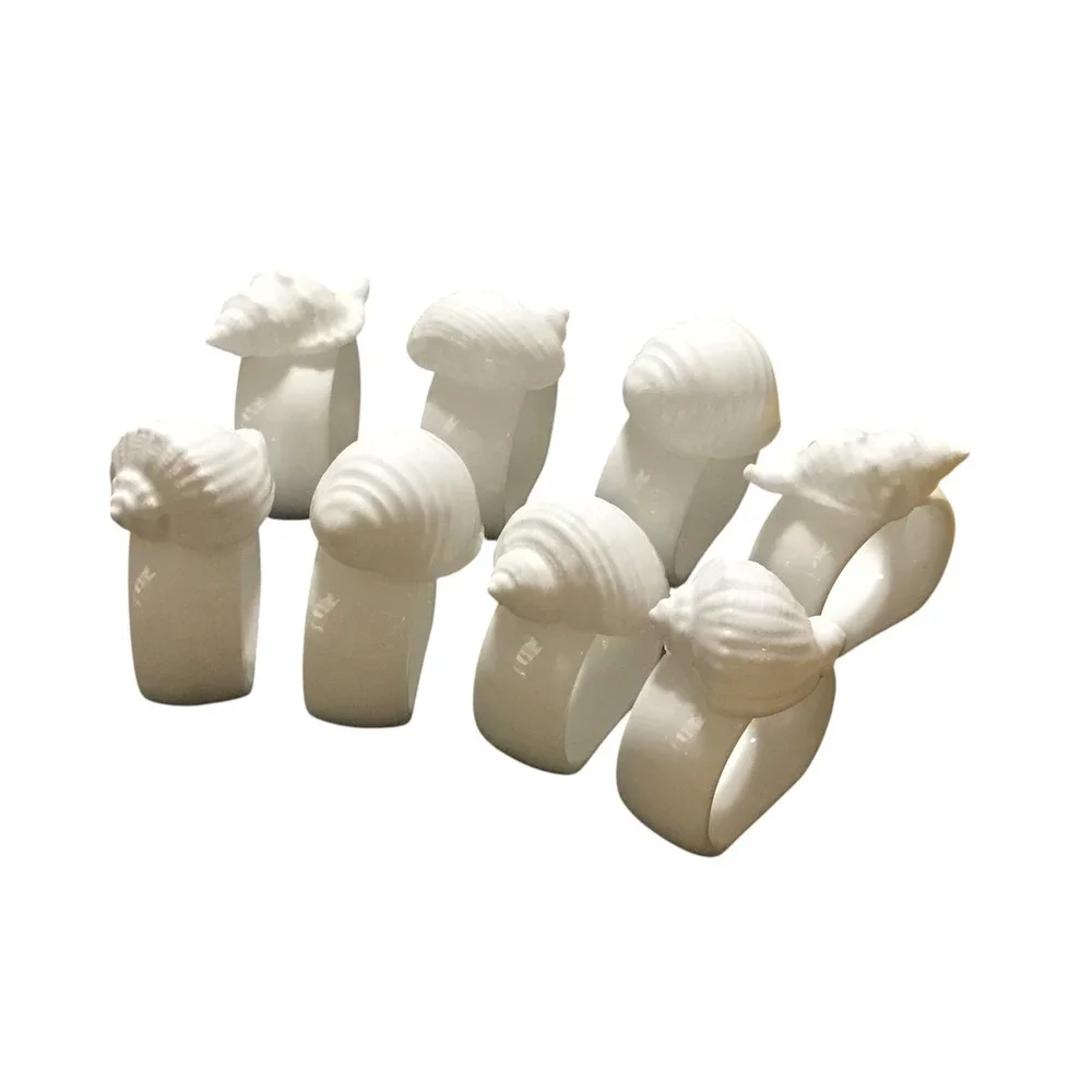 Set of 8 White Ceramic Seashell Napkin Rings Coastal Nautical Beach Decor conch